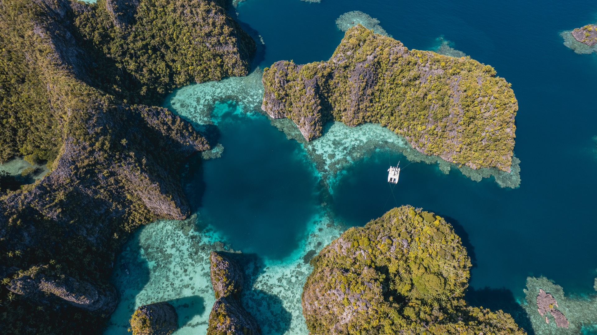 Aerial view of Misool's pristine islands and coral reefs